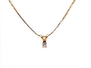 Diamond Solitaire Herringbone Chain Estate Necklace in 14k Yellow Gold