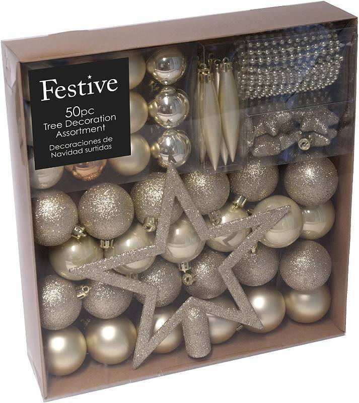 Festive 50 Piece Assorted Christmas Ornament Set, Light Gold