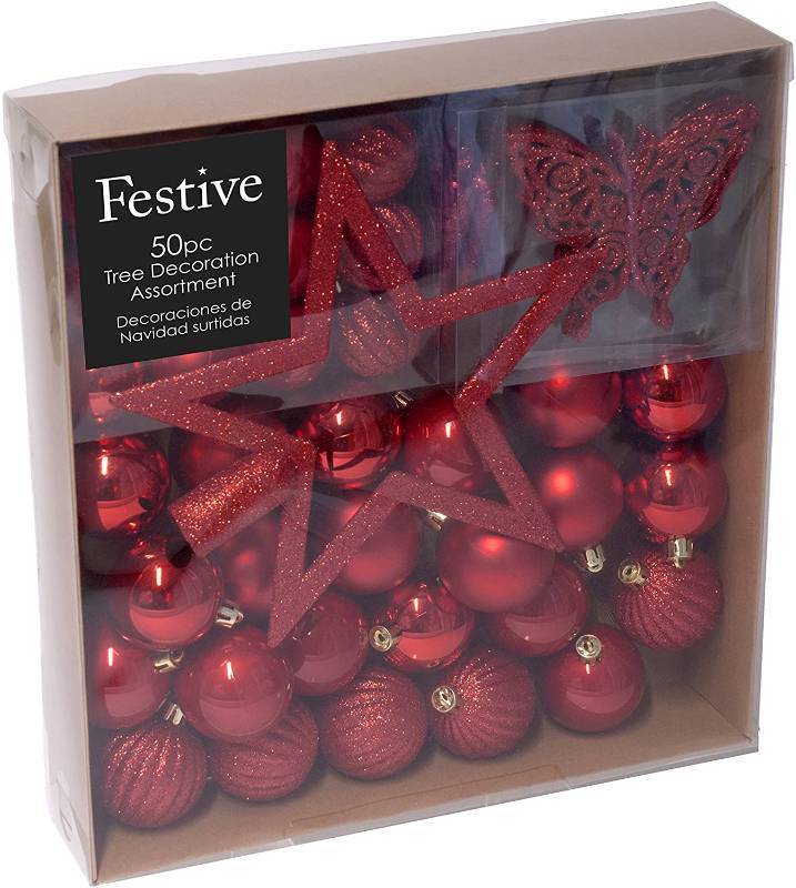 Festive 50 Piece Assorted Christmas Ornament Set, Red