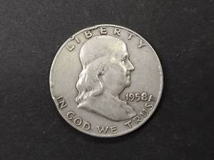 lot 50 image: 1958 D Franklin Silver Half Dollar...