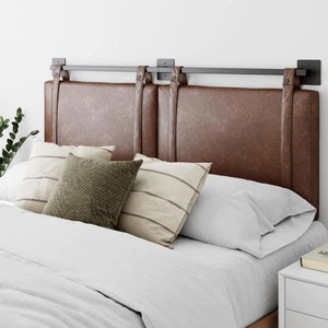 lot 100 image: Nathan James Harlow 62 in. Vintage Brown Queen Wall Mount Faux Leather Upholstered Headboard Adjustable Straps and Black Metal Rail