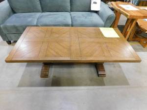 lot 63 image: Home Decorators Collection Eldridge 55 in. Dark Brown Large Rectangle Wood Coffee Table with Pedestal Base