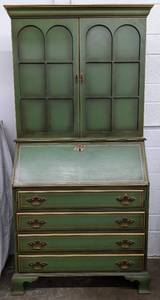 lot 81 image: Vintage Fabulous Green Secretary Desk Cabinet with Trumpet & Drum Painting