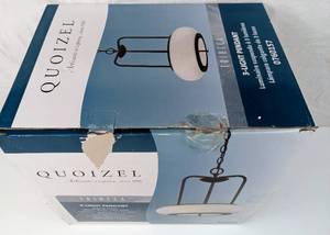 lot 89 image: Quoizel Hanging 3-Light Pendant - Unused, BronzeBrown with Frosted Glass