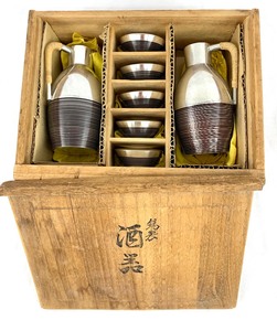 lot 33 image: Two Vintage Metal Sake Sets in Original Wooden Boxes