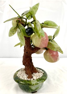 lot 34 image: Vintage Chinese Rose Quartz w Jade Leaved Bonsai Peach Tree