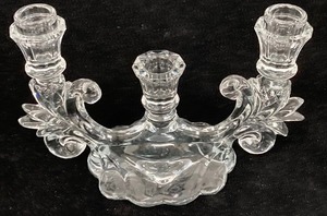 lot 6 image: Vintage Glass Candelabra & 2 Hanging Bud Vases.