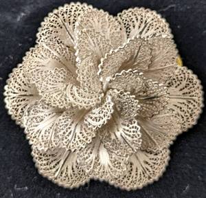 lot 102 image: Lacy STERLING Silver Brooch with Label - Hand Made Rosas de Portugal Flower Pin