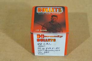 100 Hornady 22 Cal .224 55 Gr FMJ-BT Bullets with Cannelure