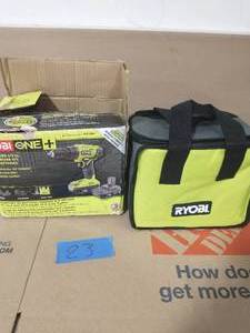 lot 23 image: RYOBI ONE 18V 12 in. DrillDriver Kit with (2) 1.5 Ah Batteries, Charger, Bag, and 22-Piece Titanium Drill Bit Kit
