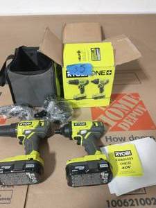 lot 35 image: RYOBI ONE 18V Lithium-Ion Cordless 2-Tool Combo Kit w DrillDriver, Impact Driver, (2) 1.5 Ah Batteries, Charger and Bag