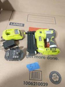 lot 51 image: RYOBI ONE 18V Cordless AirStrike 18-Gauge Brad Nailer and 2.0 Ah Compact Battery and Charger