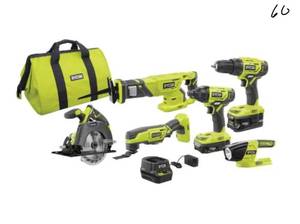lot 60 image: RYOBI ONE 18V Lithium-Ion Cordless 6-Tool Combo Kit with (2) Batteries, Charger, and Bag