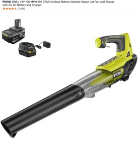 lot 13 image: RYOBI ONE 18V 100 MPH 280 CFM Cordless Battery Variable-Speed Jet Fan Leaf Blower with 4.0 Ah Battery. See Pictures