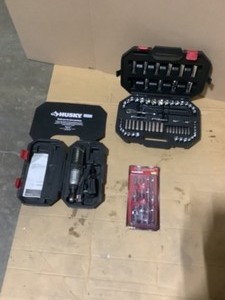 lot 19 image: Husky 144-Tooth Mechanics Tool Set (75-Piece), Cordless 38 Drive 12V Ratchet & 11-Piece Master Accessory Kit. See Pictures