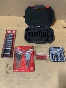 lot 23 image: Husky 46-Piece Stubby Ratchet Set, 18-Piece Hex Key Set, 11-Piece Impact Socket Set, 60-Piece Mechanic Tool Set. See Pictures