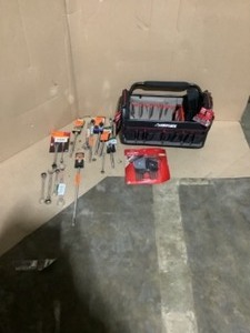 lot 41 image: Husky 20 in. Pro Tool Tote with Removable Tool Wall, Hex Keys, Wrenches & Other Husky Hand Tools. Various Conditions. See Pictures