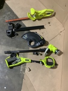 lot 46 image: RYOBI ONE 18V 13 in. Cordless Battery String TrimmerEdger (Tool Only) & 18 in. Hedge Trimmer with 1.5 Ah Battery & Charger. See Pictures