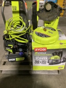 lot 51 image: Pallet of Ryobi 16 in. Chainsaws, Gas Backpack Blower, Jet Fan Blower, Trimmers, Pressure Washer, Tile Saw & More Various Conditions. See Pictures