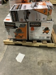 lot 53 image: Pallet of RIGID Shop WetDry Vacuums, Tile Saw, Water Pumps & Filter. Various Conditions. See Pictures