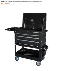 lot 1 image: Husky 33 in 4-Drawer Mechanics Cart with Extended Side Table and Bottle Tray. See Pictures