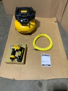 lot 5 image: DEWALT 6 Gal. 18-Gauge Brad Nailer and Heavy-Duty Pancake Electric Air Compressor Combo Kit (1-Tool). See Pictures