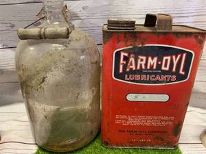 lot 50 image: One Gallon Farm Oyl Can & Glass Bottle with Wood Handle