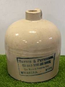 lot 57 image: Rare Hanson & Peterson Stoneware Jug 7 Tall Moorhead Mn