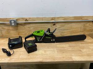 lot 8 image: GREENWORKS PRO 18 in. 60-Volt Battery Cordless Chainsaw, 4.0Ah Battery and 6.0Amp Charger