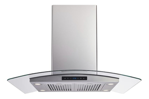 lot 112 image: VISSANI 36 in. W Convertible Glass Island Mount Range Hood with Dual-Sided Touch Panels and Charcoal Filters in Stainless Steel