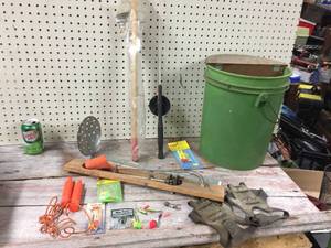 lot 35 image: Ice Fishing Bucket - Scoop - Safety Picks - Rods