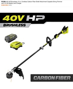 lot 26 image: RYOBI 40V HP Brushless 15 in. Cordless Carbon Fiber Shaft Attachment Capable String Trimmer with 4.0 Ah Battery and Charger. See Pictures