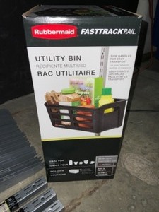 lot 50 image: Huge Rubbermaid FastTrack Rail Lot with Utility Bins, 25 in. Upright Poles, Different Sized Hooks & More See Pictures