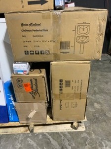 lot 52 image: Pallet of Bathroom Pedestal Sinks, Vanity, Medicine Cabinet, Toilets & Bathroom Accessories. Various Conditions. See Pictures