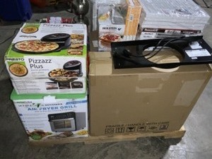 lot 56 image: Pallet of Small Household and Kitchen Appliances, Housewares & Various Sizes of Air Filters. Various Conditions. See Pictures