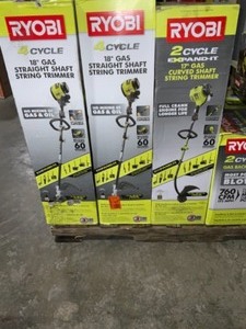 lot 60 image: Pallet of RYOBI Pressure Washer, Backpack & Jet Fan Blowers, 14 in. Chainsaw, 4-Cycle 18 in. Trimmers & 2-Cycle 17 in. Trimmer. Various Conditions. See Pictures