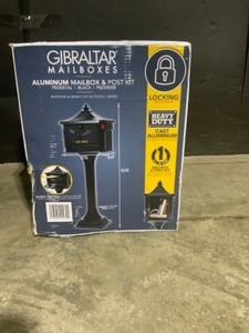 lot 24 image: Gibraltar Mailboxes Pedestal All-in-One, Large, Aluminum, Locking, Mailbox & Post Combo, Black. See Pictures