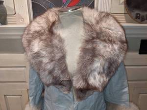 lot 17 image: Totally Retro BlueGray Leather Coat with Fox Fur Trim