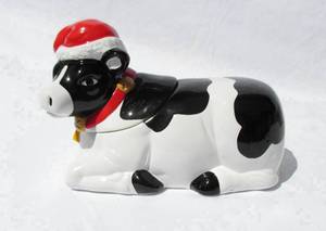 New Vintage Earthenware Ceramic Christmas Cow Cookie Jar With Sound