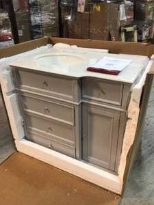 Home Decorators Hampton Harbor 36 in. Vanity in Dove Grey with Natural Marble Vanity Top in White with White Sink open box see pictures