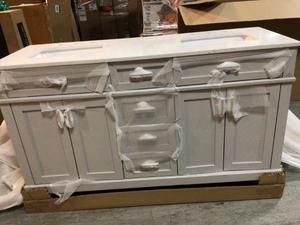 Home Decorator Talmore 60 in. Double Vanity in Sky Grey with Artificial Carrara Vanity Top with White Basin in good condition see pictures