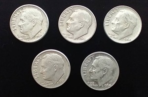 5 90% Silver Roosevelt Dimes
