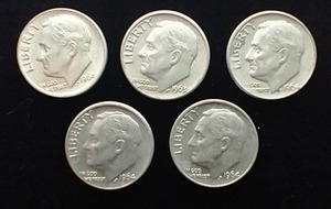 5 90% Silver Roosevelt Dimes