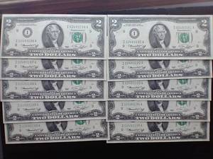 10 Sequential Uncirculated 1976 $2 Notes