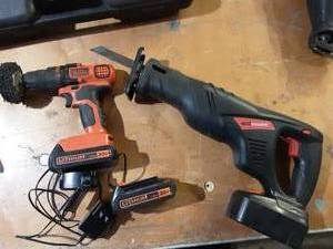 lot 8 image: Black & Decker Lithum Ion 20 Volt Cordless Drill With 2-Batteries & Charger & Drill Master 18 Volt Sawzall With Battery (No Charger)