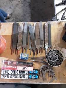 lot 13 image: Lot Of Assorted Rasps, Horse Shoes, Horse Shoe Nails (Ferrier Tools)