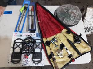 lot 29 image: Ice Fishing Tip Ups, Rods, Rod Bag, Ice Cleats, Bucket Seats
