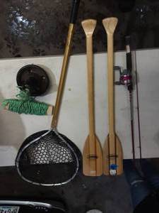 lot 30 image: 2-NEW Feather Brand Canoe Paddles, Rubber Landing Net, Pink Zebco Rod & Reel, Anchor With Rope