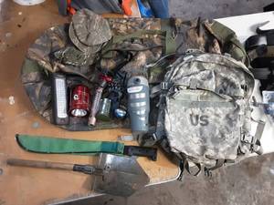 lot 38 image: Duffel Bag, Military Back Pack, Lanterns, Maschetti, Survival Shovel, Cool Cup-Fan