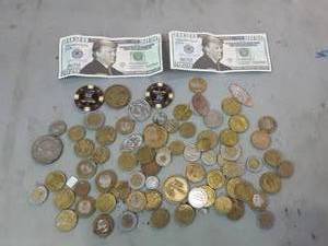 lot 47 image: Lot Of Foreign Coins, Tokens, Ike Dollar, Buffalo Nickel, Novelty Paper